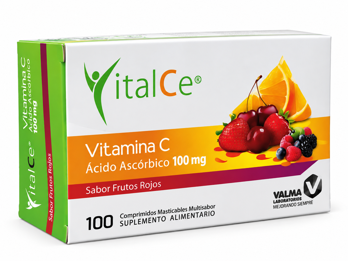 VitalCe Vitamina C 100 mg – Frutos Rojos – 100 Comprimidos Masticables