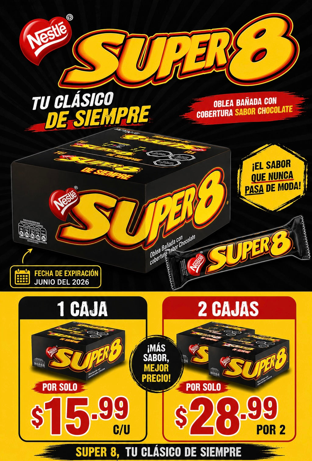 Super 8 Nestlé Barra de Chocolate con Galleta wafer Chilena – 30 g - - Chilena Cossas