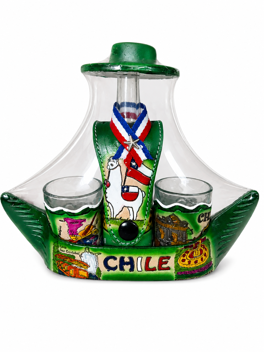 Set de Copitas Souvenir Chile con Diseño Tradicional y Mapuche- diseño de barco - Chilena Cossas