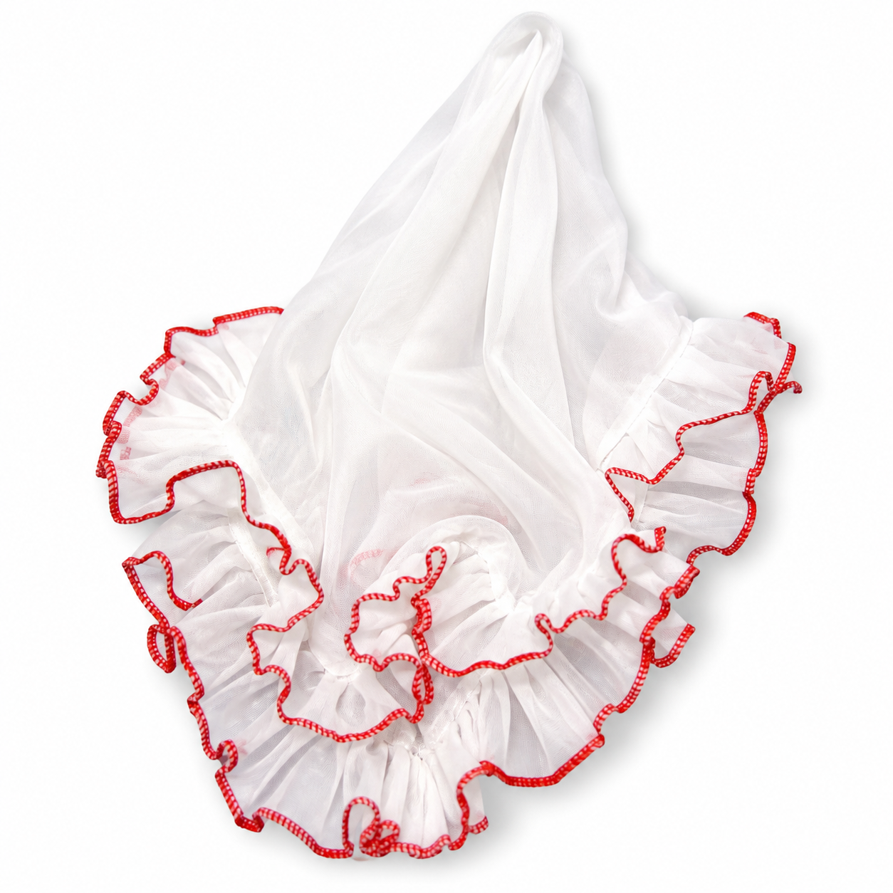 Pañuelo de Cueca para Mujer Blanco con Vuelos y Borde Rojo