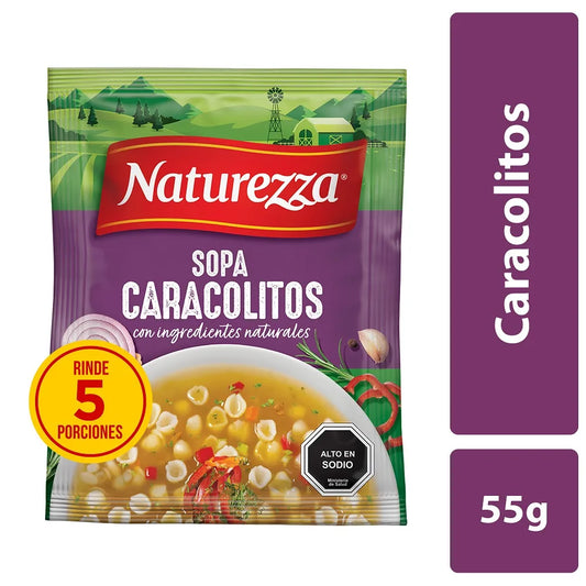 Sobre de Sopa de Caracolitos Naturezza, mostrando un plato de sopa caliente con fideos curvos y verduras.
