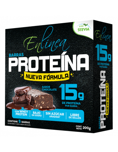Caja de 5 unidades de barra de proteína marca En Línea sabor chocolate, con envoltorio que destaca sus beneficios nutricionales y cobertura de cacao.