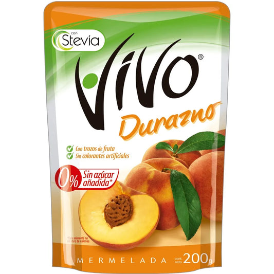 Envase de Mermelada de Durazno marca Vivo 0% azúcar añadida, con imagen de duraznos frescos.