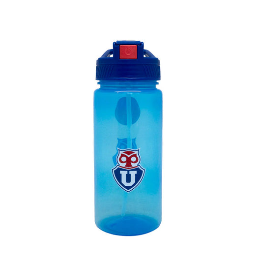 Botella de agua deportiva transparente y azul con el logo oficial del equipo de fútbol Universidad de Chile y sistema de bombilla.