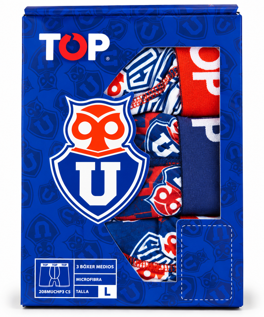 Caja de pack de 3 bóxers de microfibra marca TOP oficial Universidad de Chile.