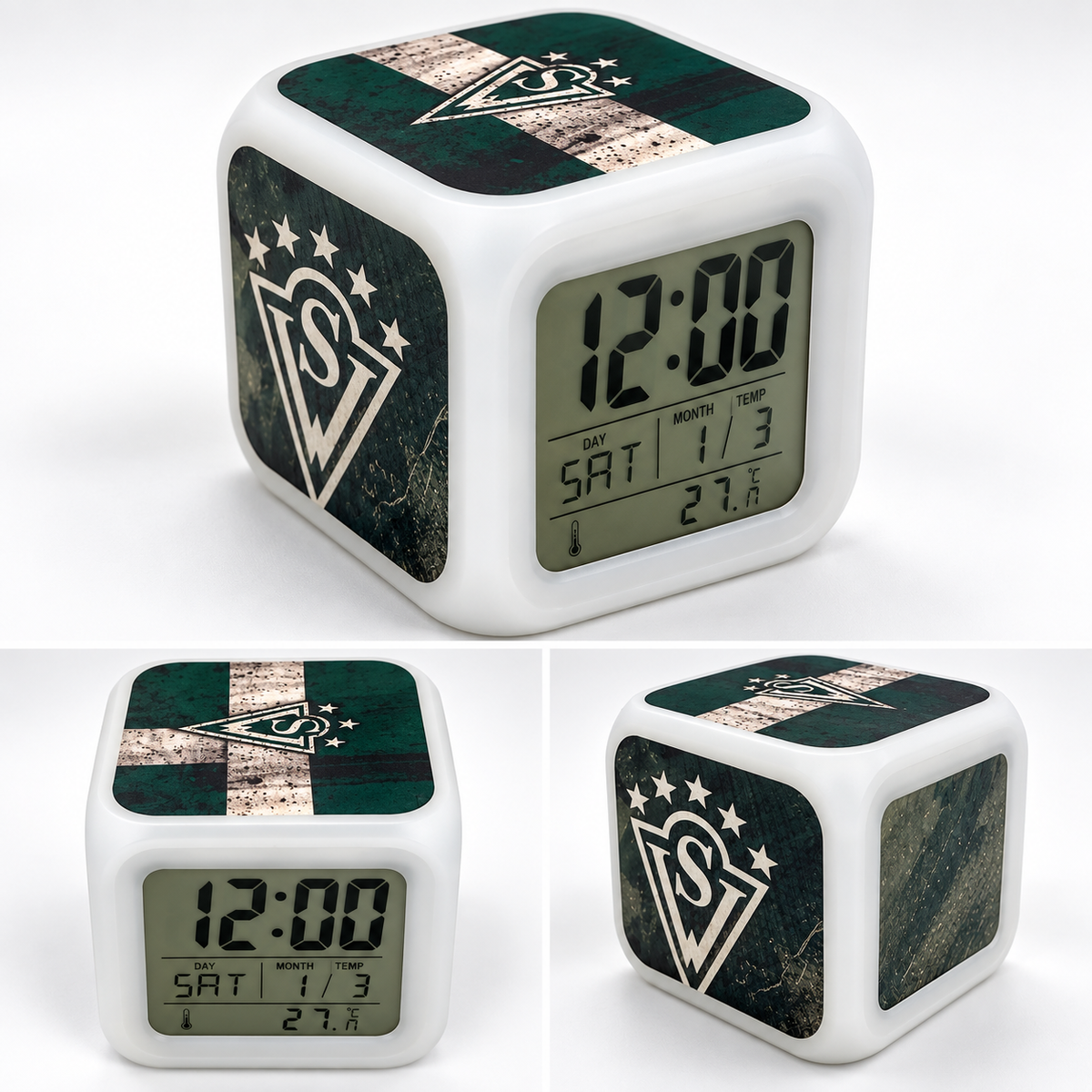 Reloj Despertador Digital Santiago Wanderers con Luz LED Cambiante – Hora, Fecha y Temperatura