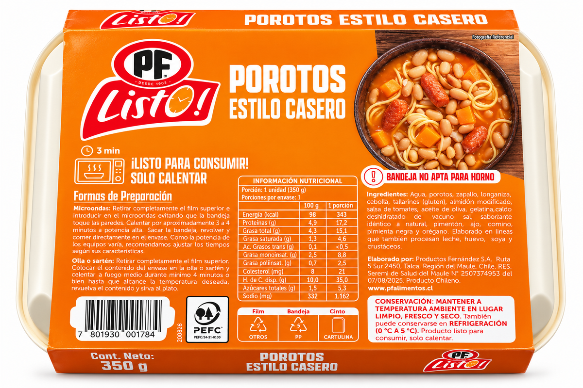 Porotos Estilo Casero PF Listo! 350 g – Porotos con Riendas y Longaniza Chilenos