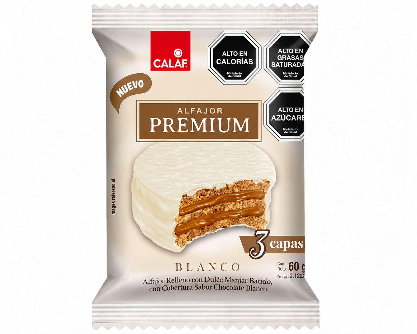 Alfajor Premium Blanco Calaf 60 g | Alfajor Chileno de 3 Capas con Manjar y Cobertura de Chocolate Blanco - Chilena Cossas