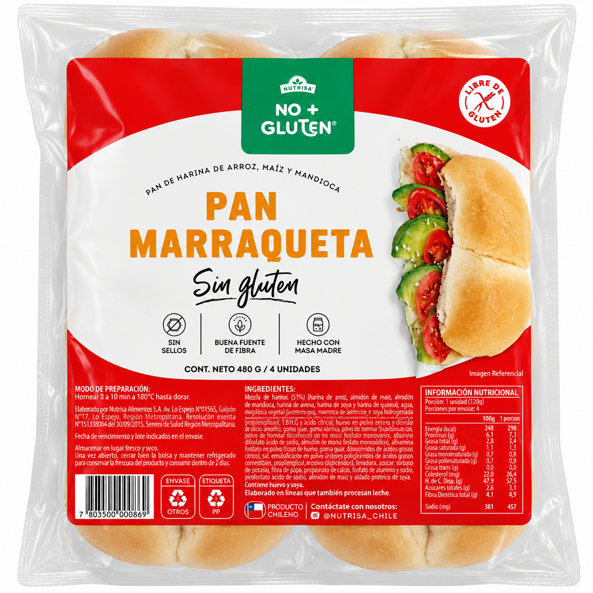 Pan Marraqueta Sin Gluten Nutrisa – Pack de 4 Unidades (480 g) – Pan Chileno con Masa Madre – Elaborado con Harinas de Arroz, Maíz y Mandioca