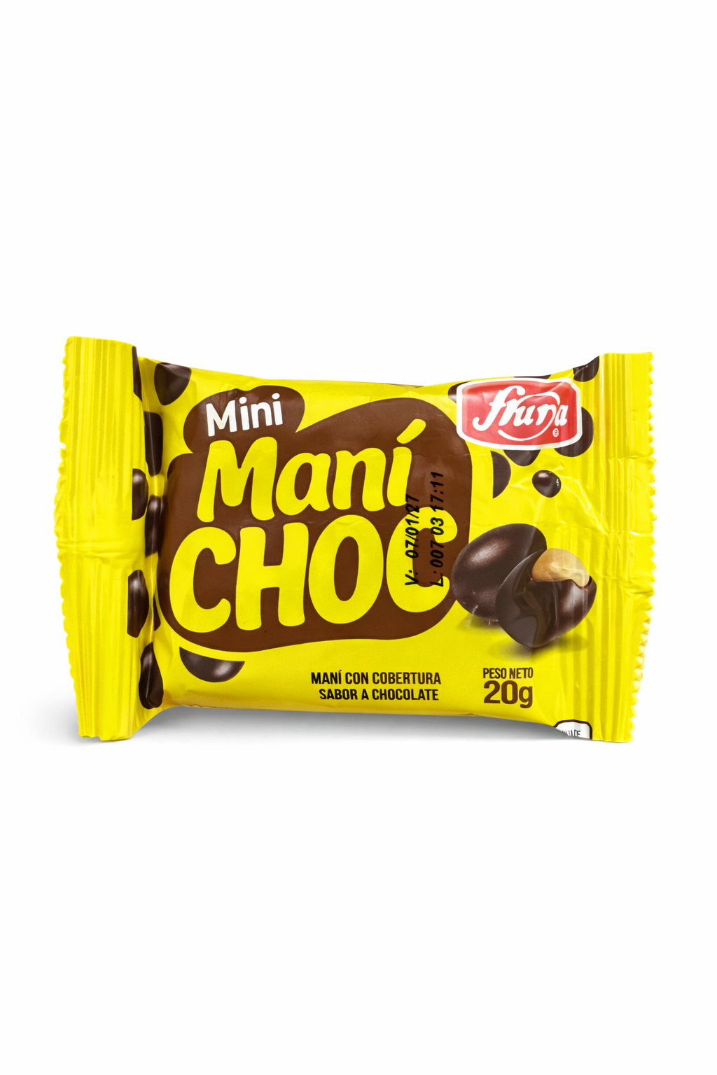 Paquete individual de maní con cobertura de chocolate marca Fruna de 20 gramos. - Chilena Cossas