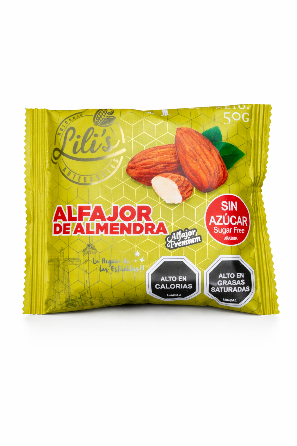 Alfajor artesanal premium de almendra sin azúcar marca Lili's - Chilena Cossas