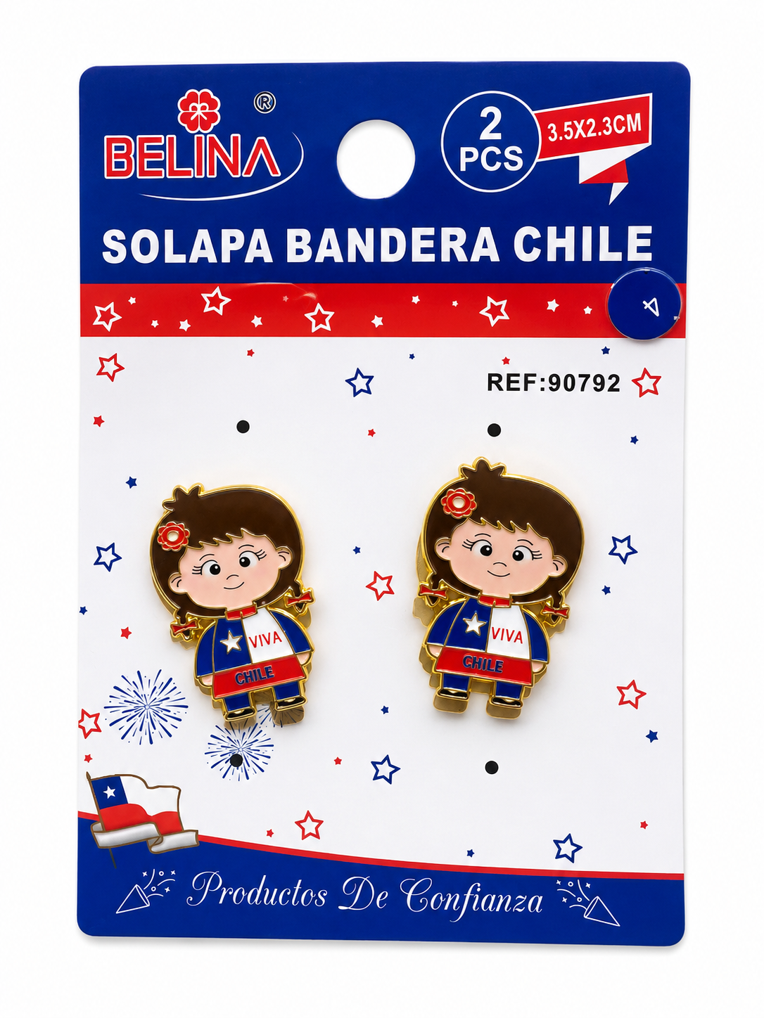 Set de 2 insignias o pines metálicos patrióticos con diseño chileno.