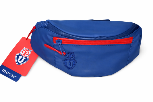 Banano azul oficial de la Universidad de Chile con logo y cierres rojos