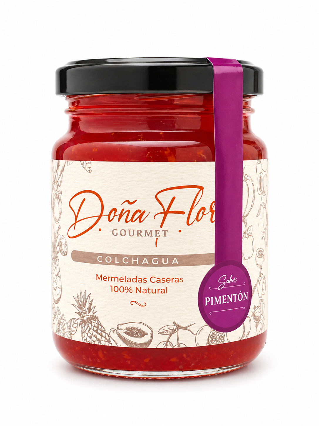Frasco de Mermelada de Pimentón Gourmet Doña Flor de 300g, producto natural chileno