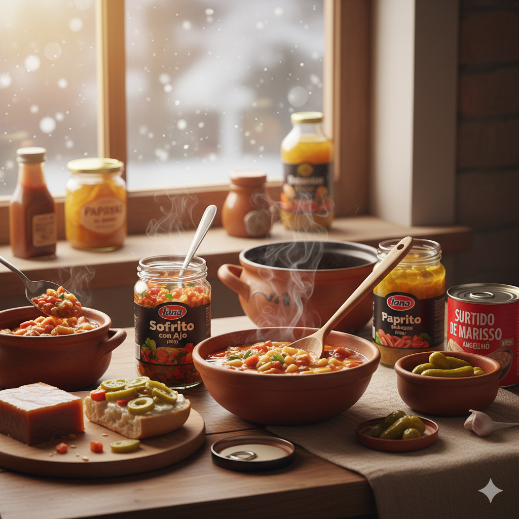 Bodegón de productos chilenos en USA: Sofrito con Ajo Iansa, Surtido de Mariscos Angelmó, pickles en vinagre y queso mantecoso frente a una ventana con nieve.