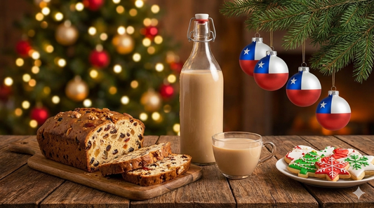 Mesa mostrando un Pan de Pascua entero y rebanado, una botella de Cola de Mono con un vaso servido, galletas decoradas y esferas navideñas con la bandera de Chile colgando de una rama de pino.