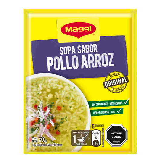 Paquete de Sopa sabor Pollo con Arroz Maggi de 70g, producto original importado de Chile.