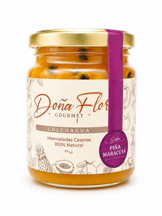Frasco de Mermelada de Piña Maracuyá Gourmet Doña Flor 300g, sabor tropical natural