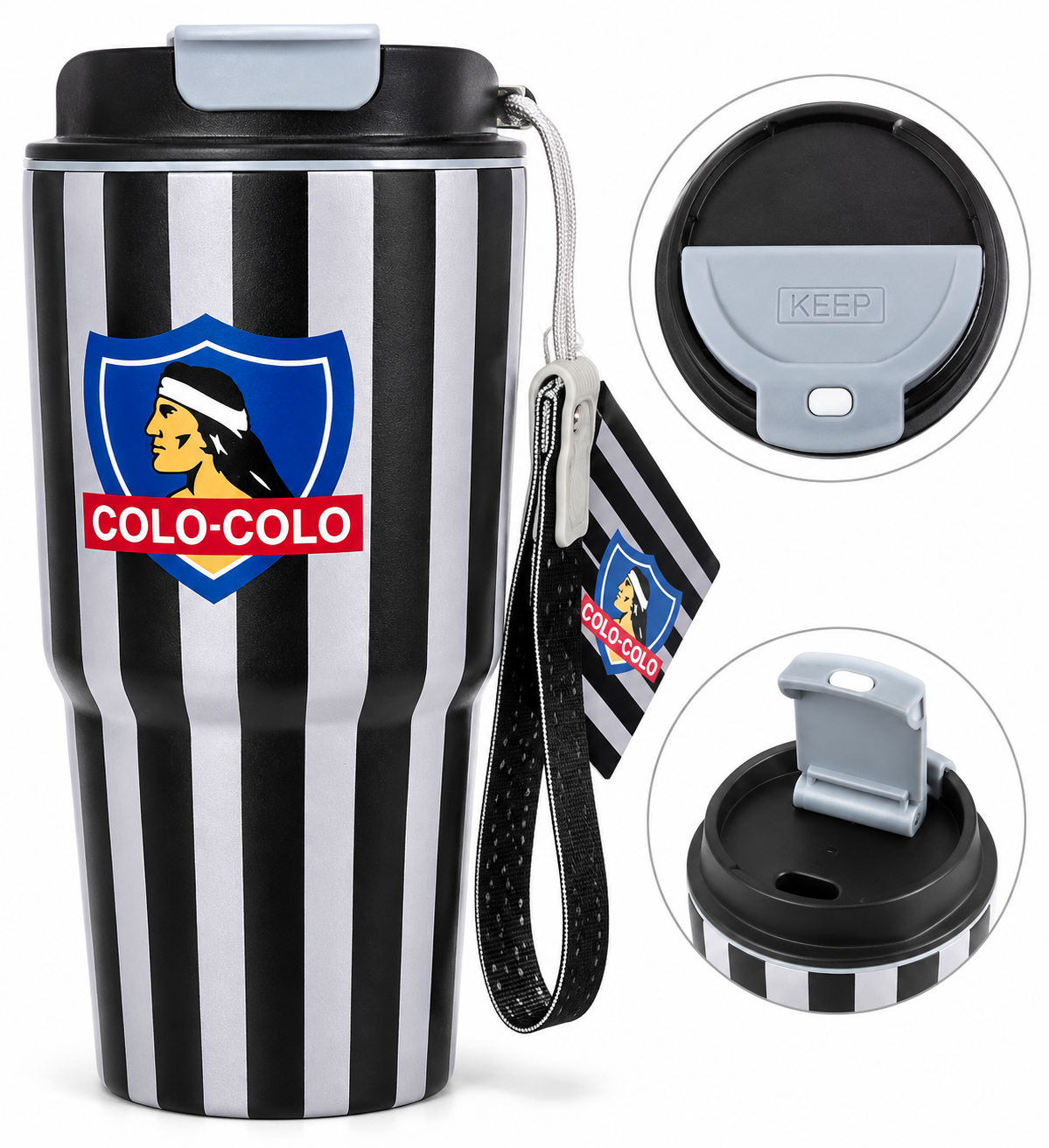Vaso Térmico Colo-Colo con Tapa y Correa de Transporte – Diseño Oficial del Cacique