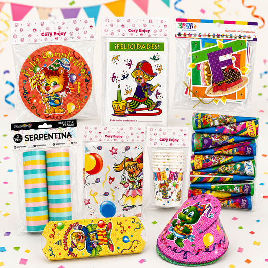 Set de Cumpleaños Retro Infantil | Decoración Fiesta Vintage con Bolsas, Vasos, Serpentinas y Accesorios - diseños payasitos