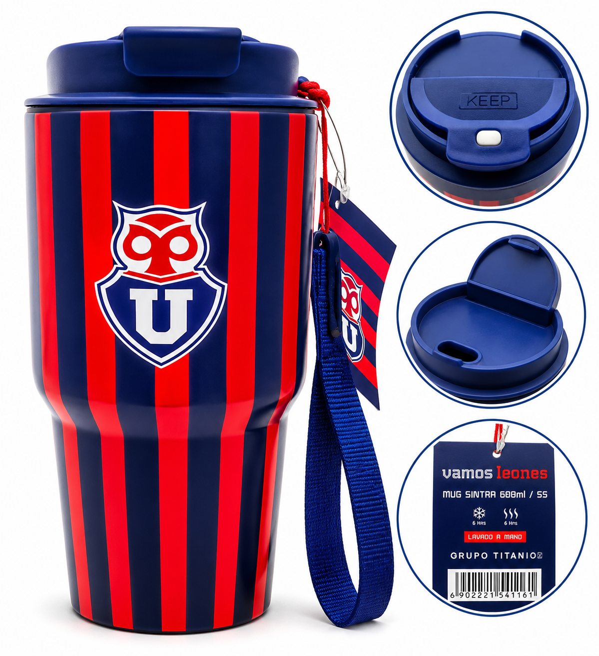 Vaso Térmico Universidad de Chile 600 ml – Mug con Tapa Hermética y Correa de Transporte | La U