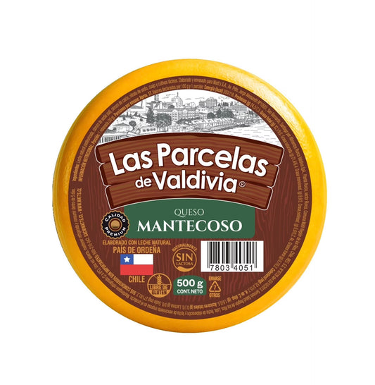 Empaque de Queso Mantecoso Las Parcelas de Valdivia 500g Sin Lactosa con etiqueta circular