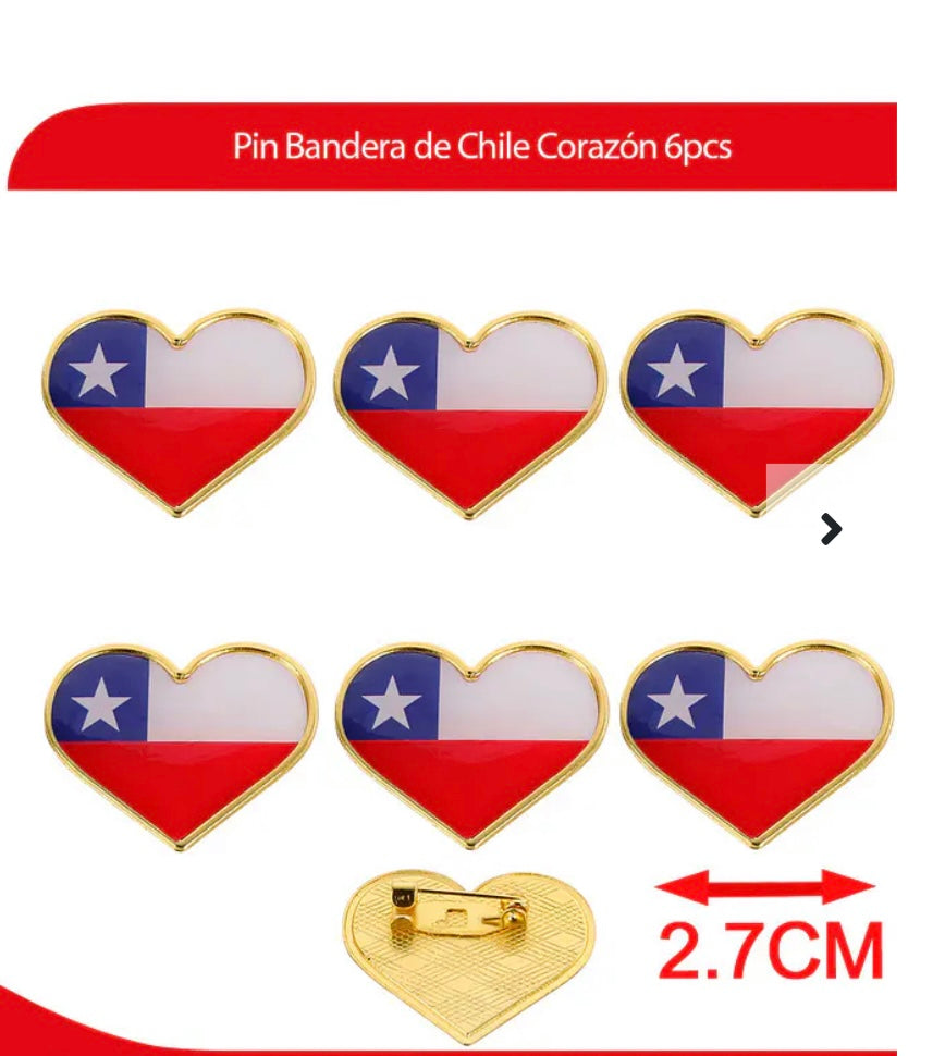 Set de 6 Pines Corazón Bandera de Chile | Insignias Metálicas Patrióticas para Fiestas Patrias