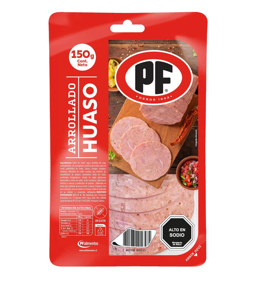Envase sellado de Arrollado de Huaso marca PF de 150g.