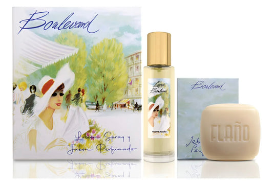 Caja de regalo Flaño Boulevard conteniendo una botella de colonia de 50ml y un jabón en barra, con el diseño clásico azul y dorado.