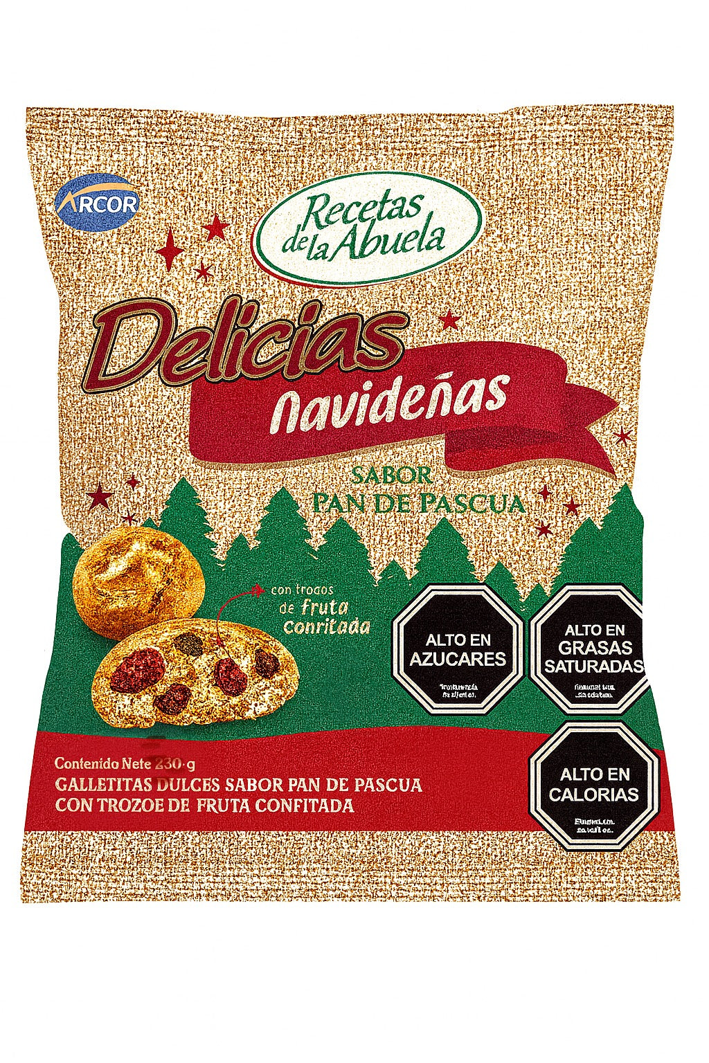 Paquete de Galletas Delicias Navideñas Arcor sabor Pan de Pascua, con diseño festivo en el envase y galletas especiadas.