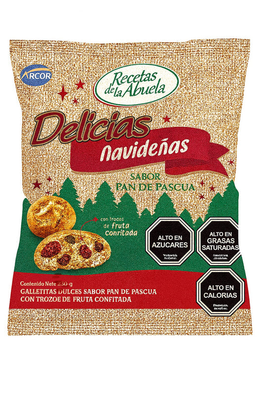 Paquete de Galletas Delicias Navideñas Arcor sabor Pan de Pascua, con diseño festivo en el envase y galletas especiadas.