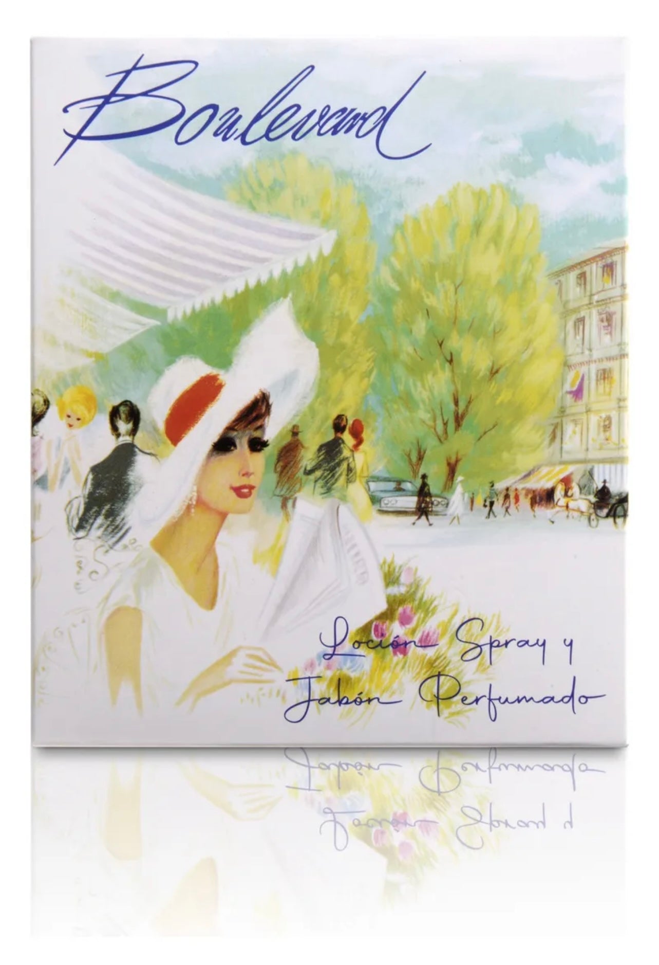 Caja de regalo Flaño Boulevard conteniendo una botella de colonia de 50ml y un jabón en barra, con el diseño clásico azul y dorado.