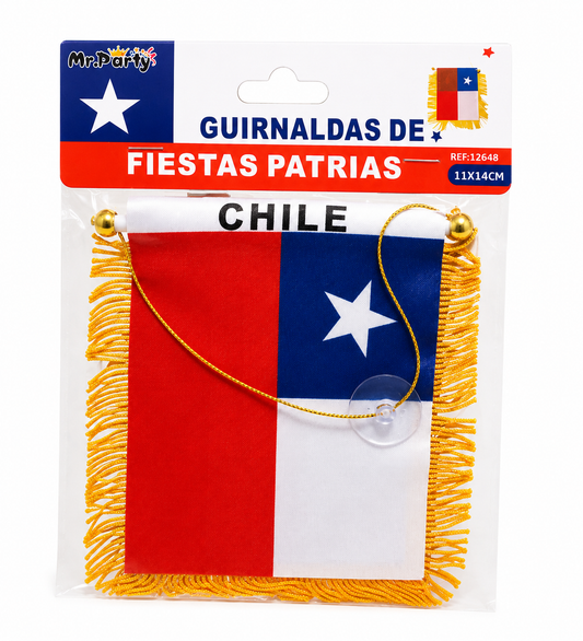 Bandera Chilena con Flecos Dorados | Fiestas Patrias-  para auto o decorar tus espacios - incluye chupon para pegar en