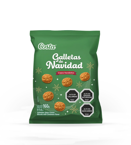 Paquete de Galletas Costa Copos Navideños, mostrando galletas con forma de copo de nieve sobre un fondo festivo rojo y verde.