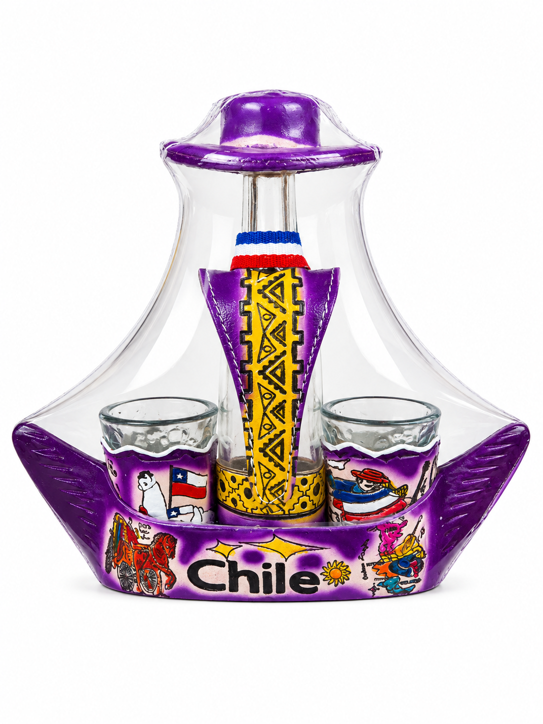 Set de Copitas Souvenir Chile con Diseño Tradicional y Mapuche- diseño de barco - Chilena Cossas 