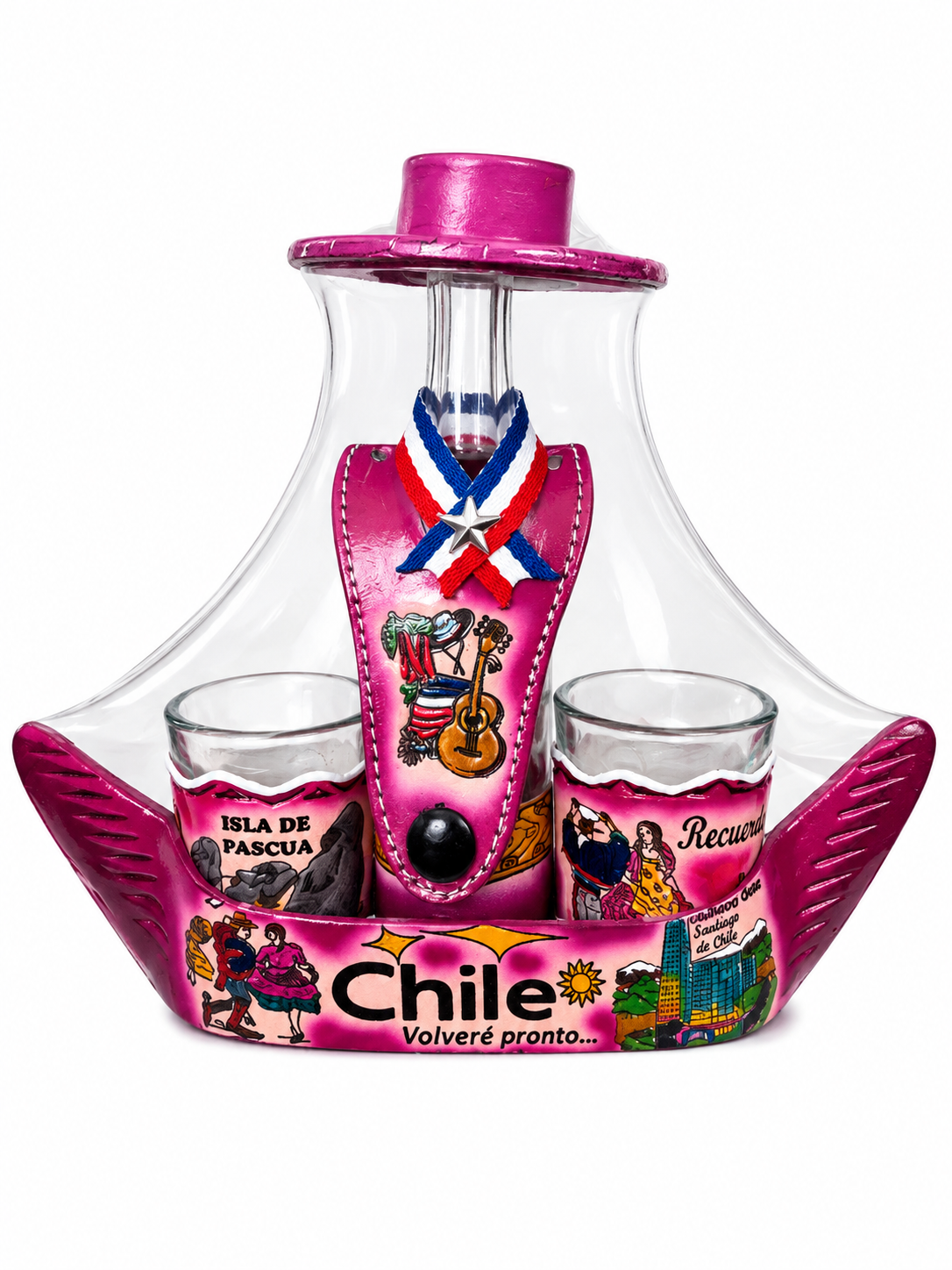 Set de Copitas Souvenir Chile con Diseño Tradicional y Mapuche- diseño de barco - Chilena Cossas 