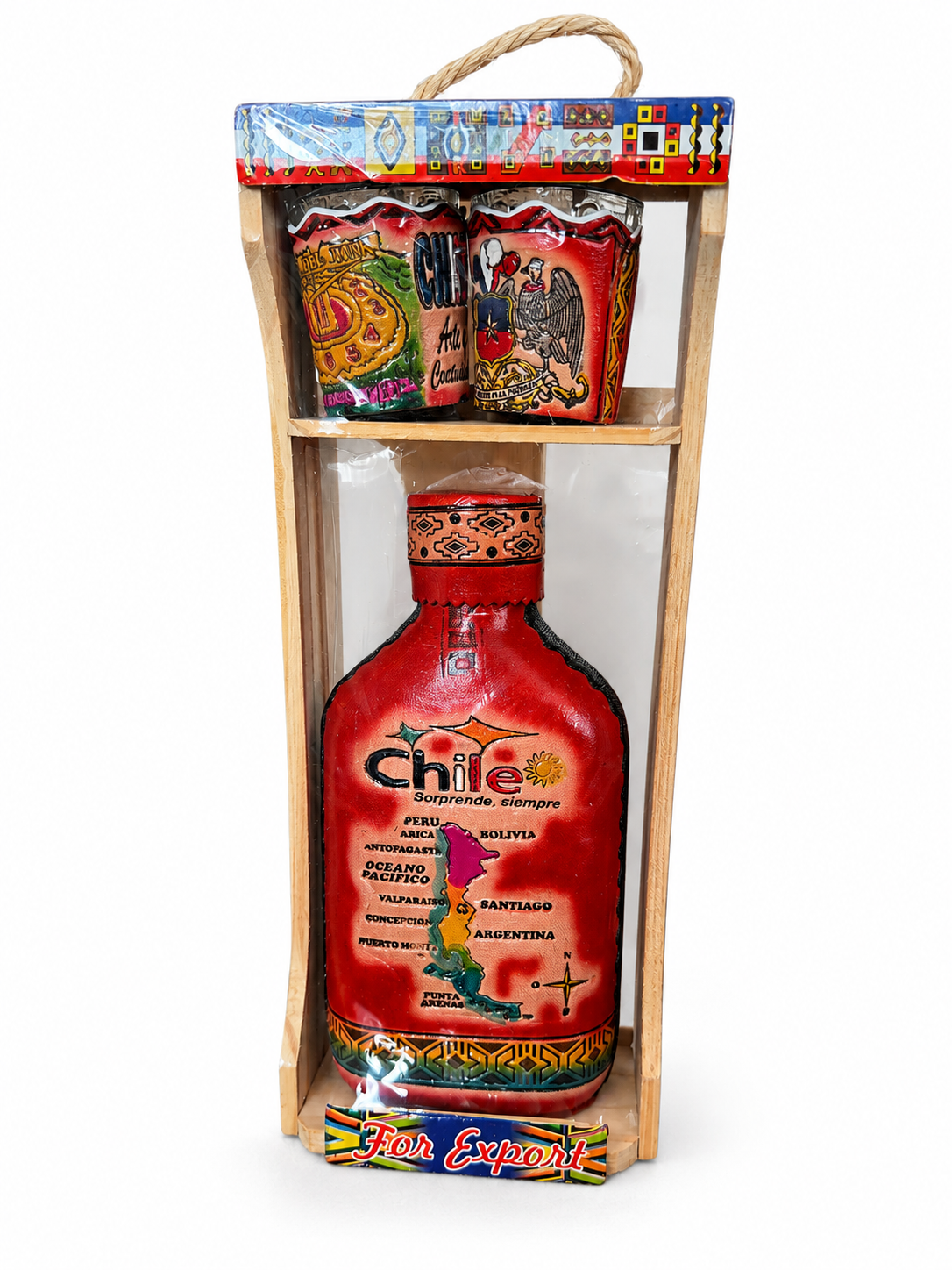 Set de Licorera Chilena con 2 Vasos Shot en Caja de Madera