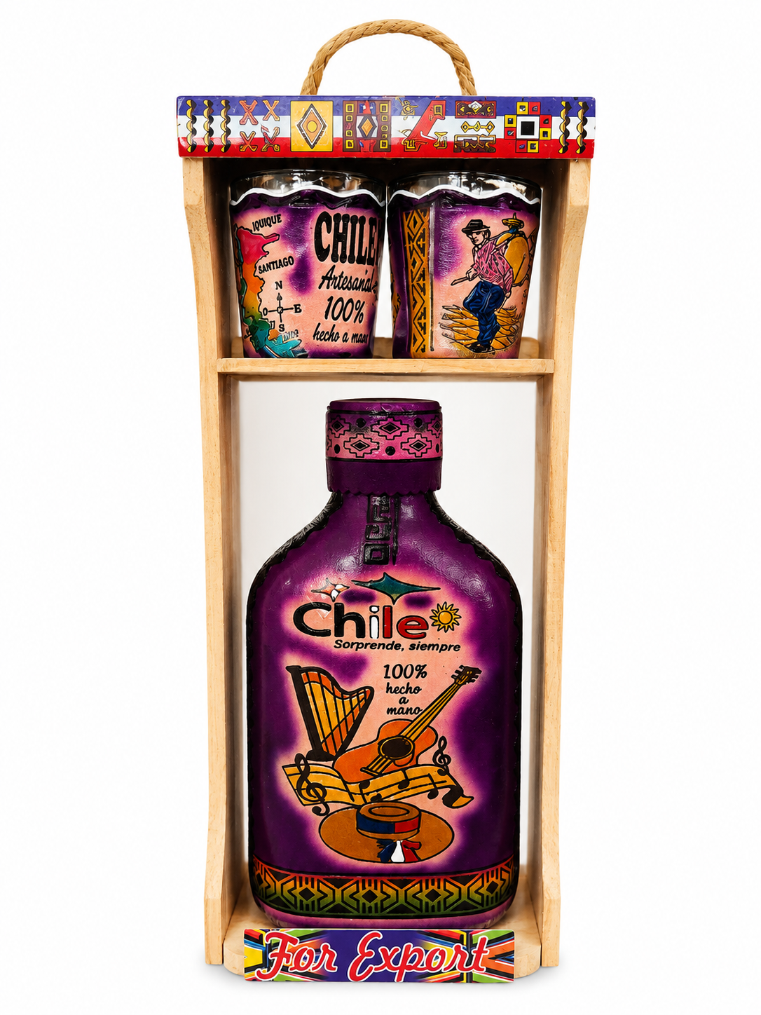 Set de Licorera Chilena con 2 Vasos Shot en Caja de Madera