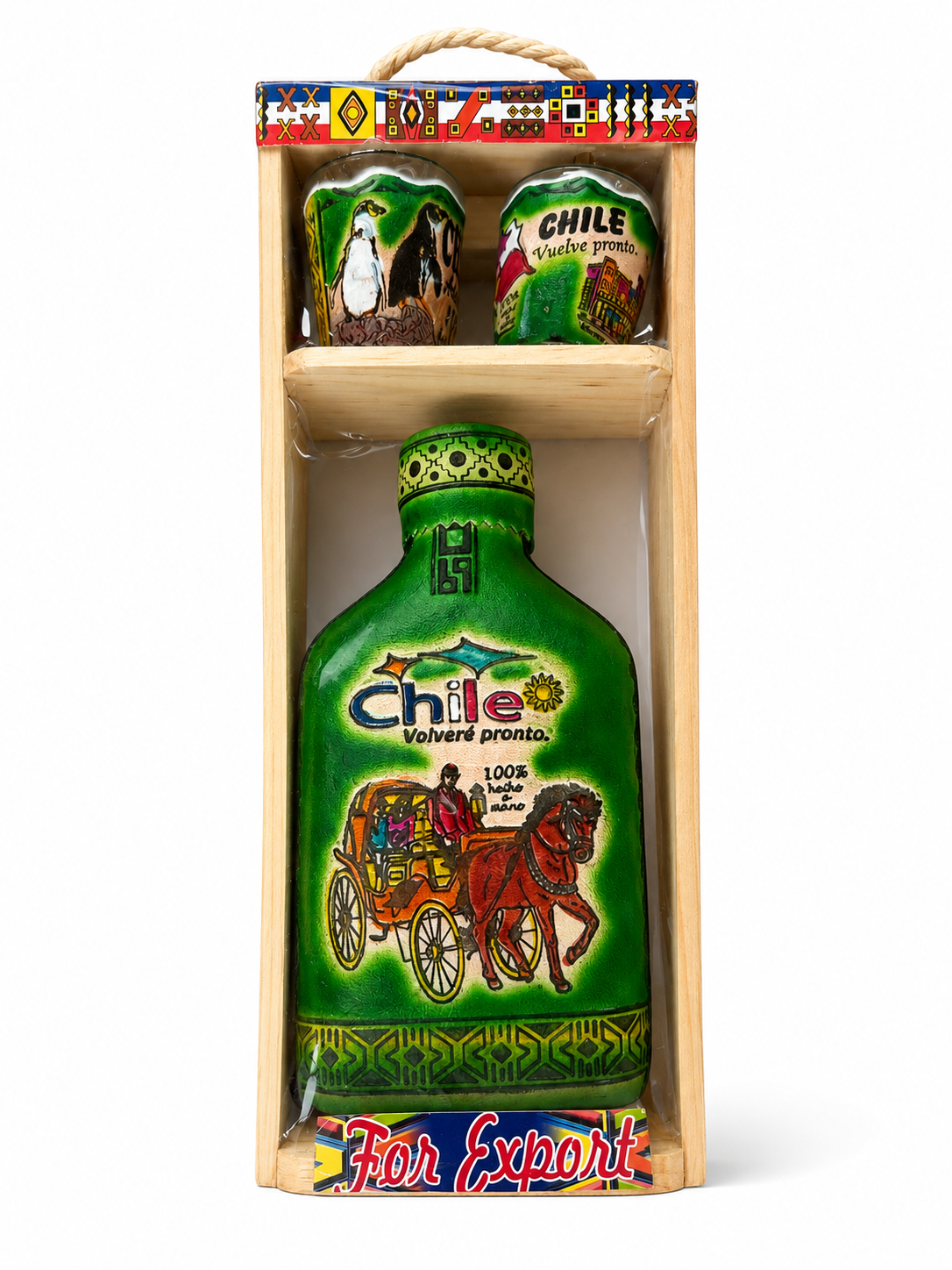 Set de Licorera Chilena con 2 Vasos Shot en Caja de Madera
