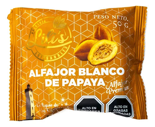 Alfajor de papaya premium 50g - rellenos de manjar, trozos de papaya y bañados en chocolate blanco