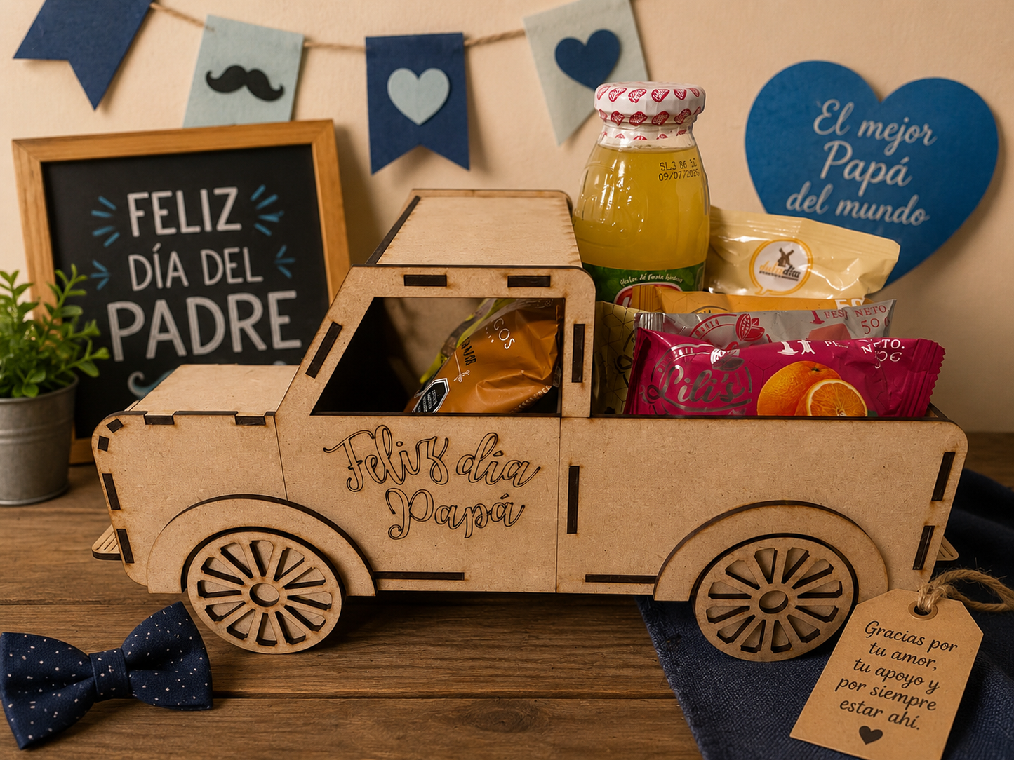 Caja Camioneta Día del Padre con alfajores seleccionados y Jugo watts– Regalo Especial para Papá