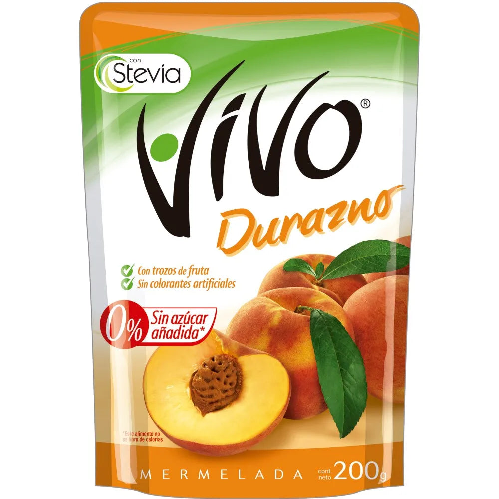 Envase de Mermelada de Durazno marca Vivo 0% azúcar añadida, con imagen de duraznos frescos.