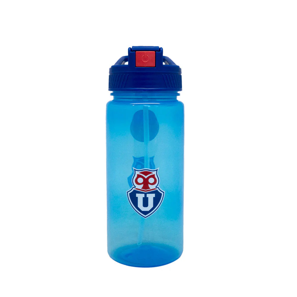 Botella de agua deportiva transparente y azul con el logo oficial del equipo de fútbol Universidad de Chile y sistema de bombilla.