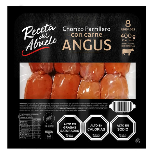Chorizo parrillero con carne de vacuno Angus Receta del Abuelo de 400g en empaque negro de lujo.