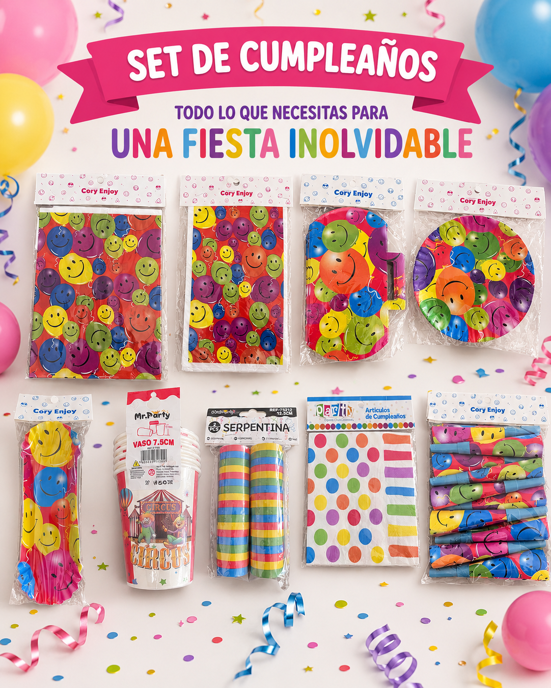 Set de Cumpleaños Caritas Felices Retro | Decoración Fiesta Infantil con Vasos, Platos, Bolsas y Accesorios