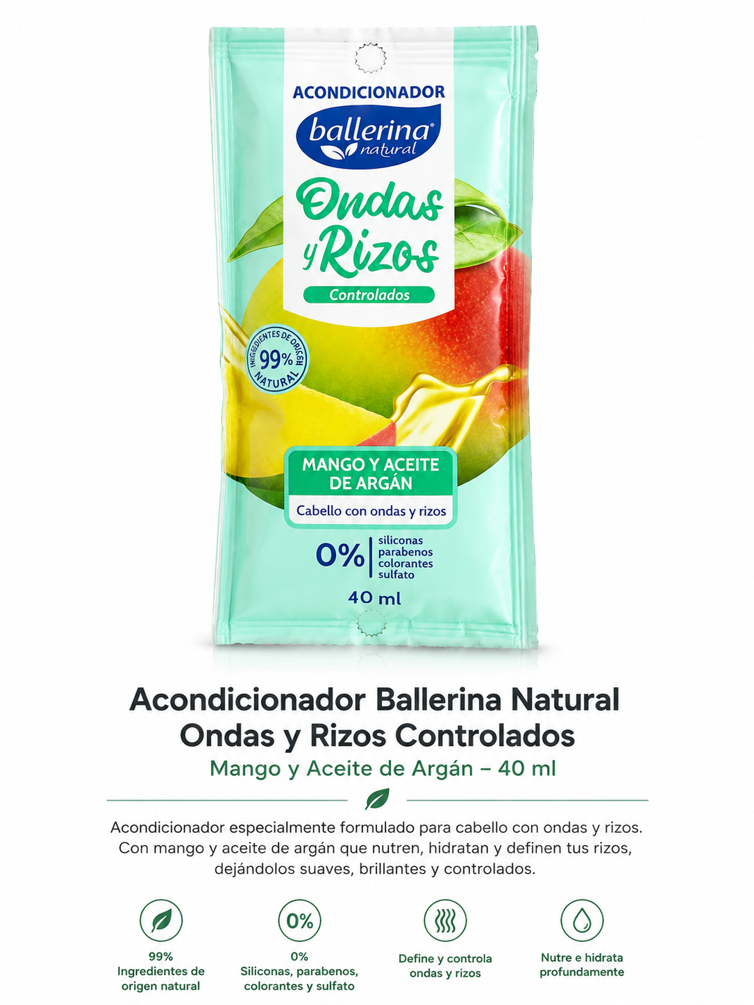 Acondicionador Ballerina Natural Ondas y Rizos Controlados Mango y Aceite de Argán – 40 ml