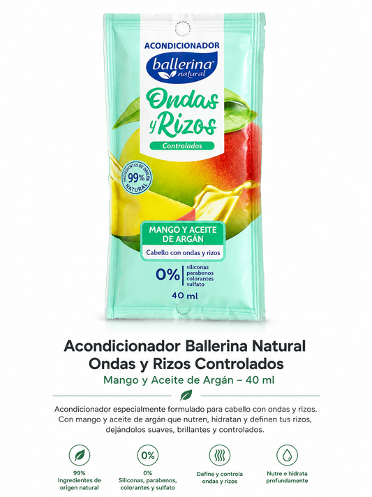 Acondicionador Ballerina Natural Ondas y Rizos Controlados Mango y Aceite de Argán – 40 ml