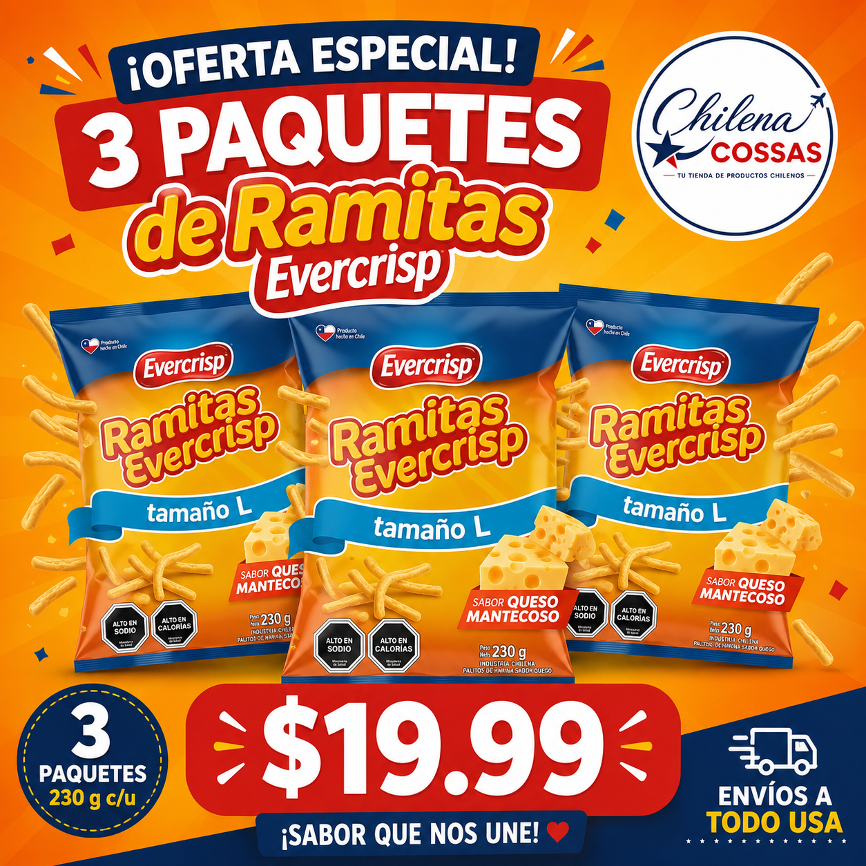 Ramitas de Queso Evercrisp | Snack Chileno Crujiente Original (Varios Tamaños)