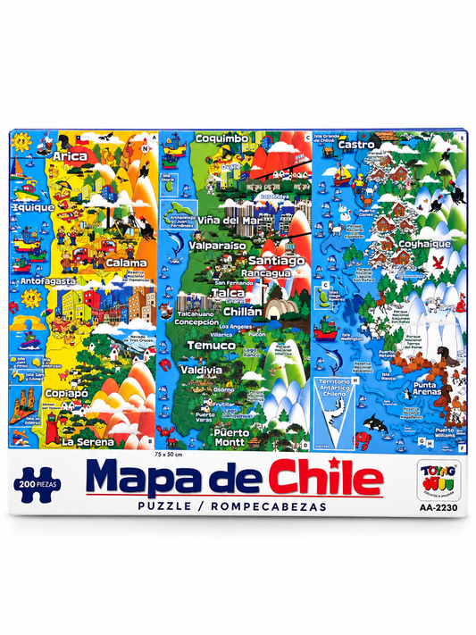 Caja de rompecabezas educativo de 200 piezas con el mapa ilustrado de Chile.