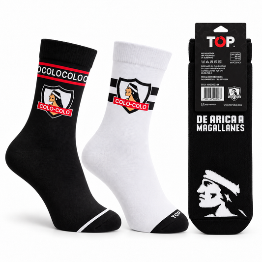 Pack de 3 calcetines oficiales de Colo-Colo para adulto en colores blanco y negro.